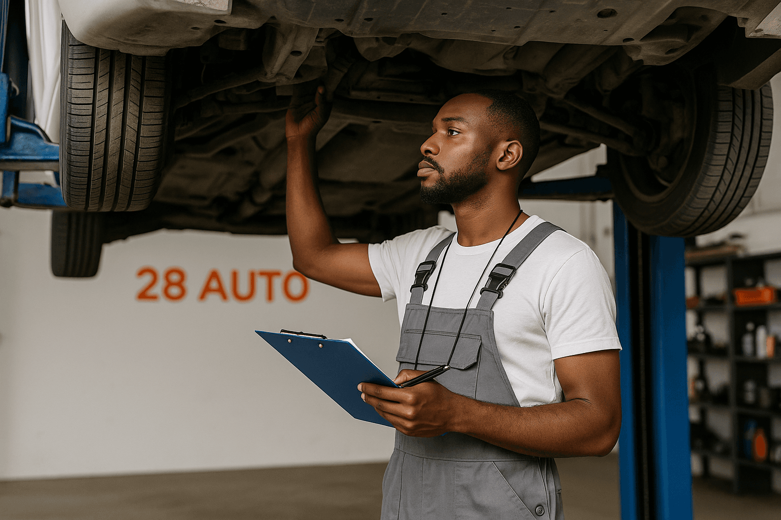 Technician inspecting vehicle at 28 Auto